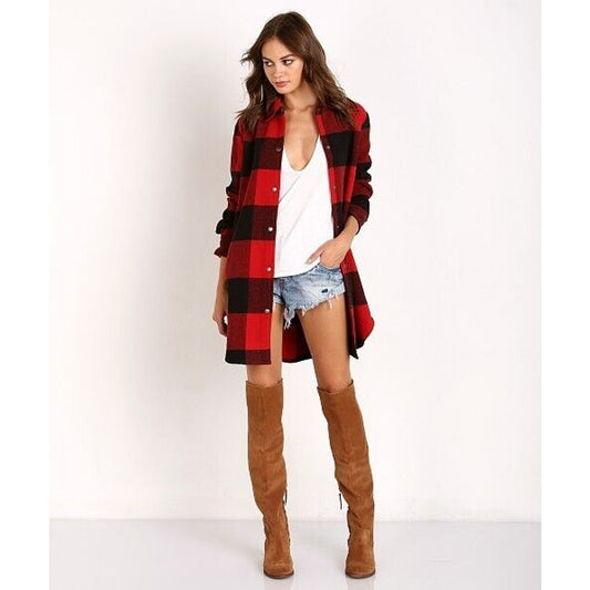 BB Dakota Red Black Buffalo Plaid Snap Front Long Sleeve Shirttail Hem Jacket S