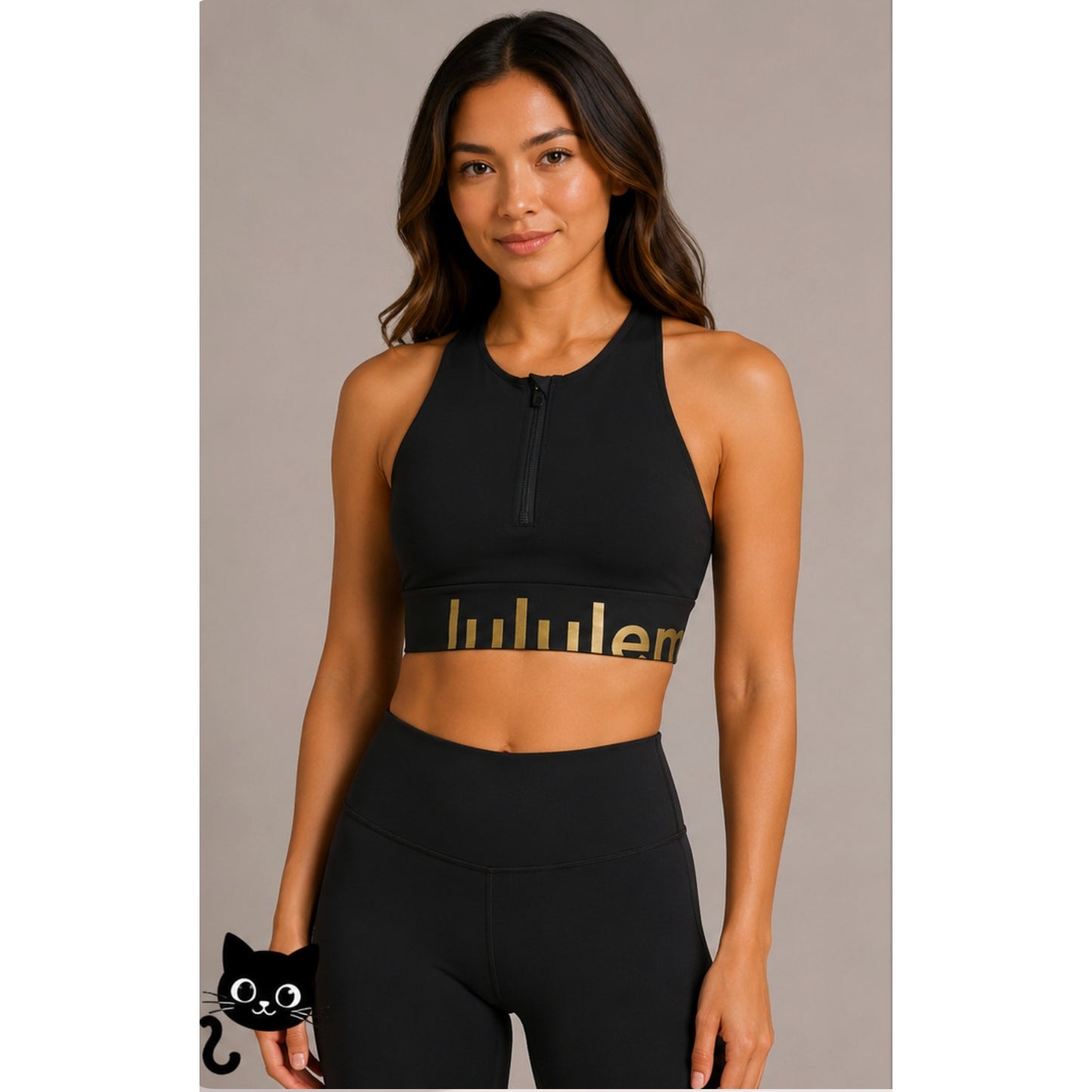 Lululemon Black Energy Bra High Neck Front Zip Gold Logo Sports Bra
