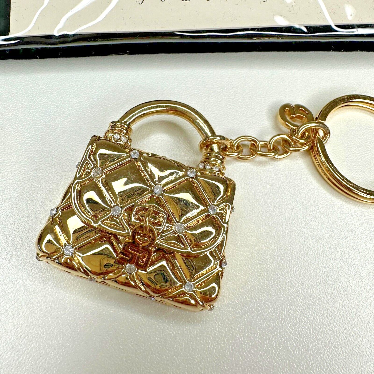 Vintage Chic St. John Gold Crystal Purse Keychain Fob Purse Opens With Pouch