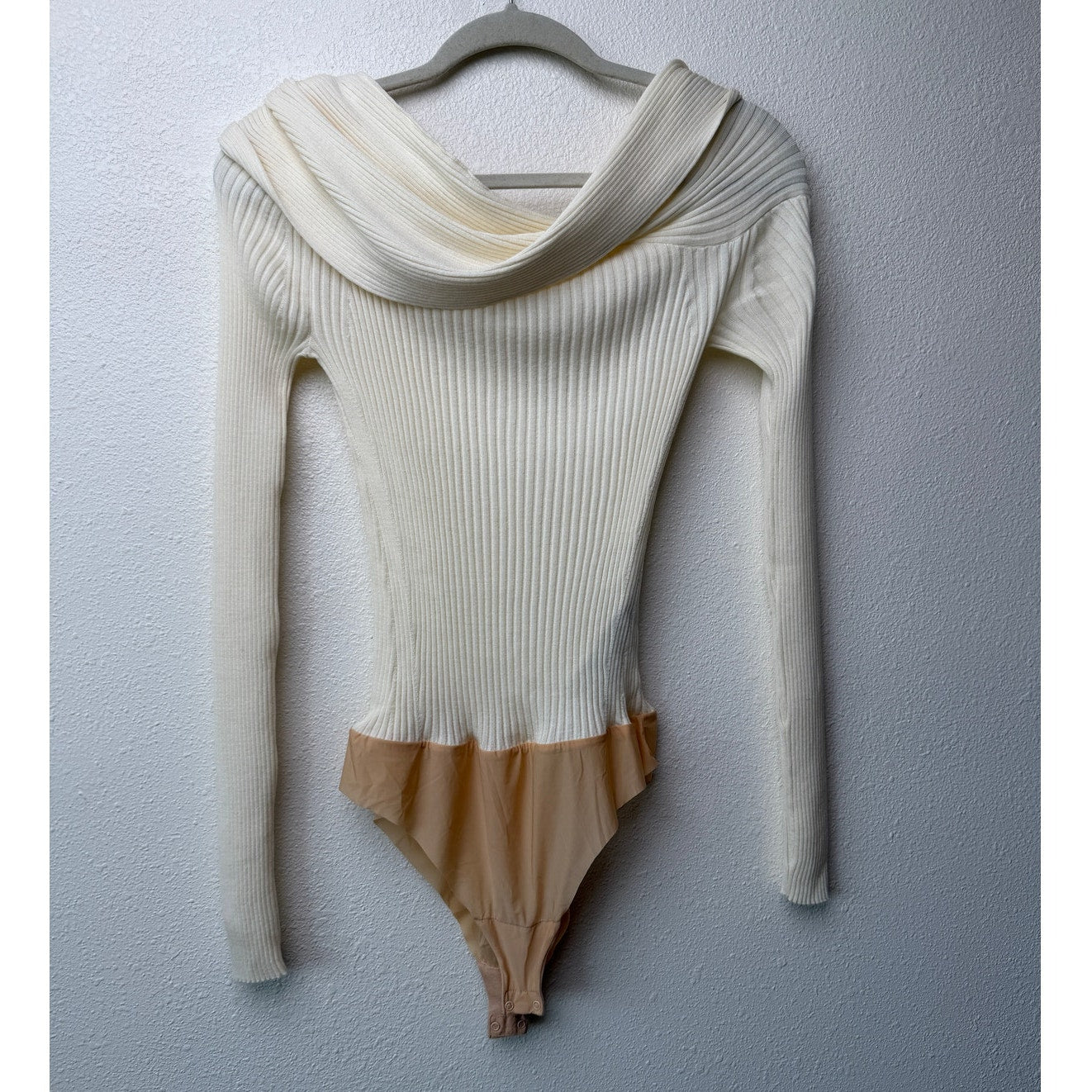 Wolford x Simkhai Ribbed Off Shoulder Wool Bodysuit Cream S