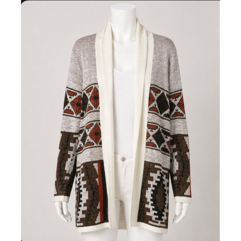 Mags & Pye Cream Brown Rust Native Aztec Print Longline Cardigan Sweater Medium