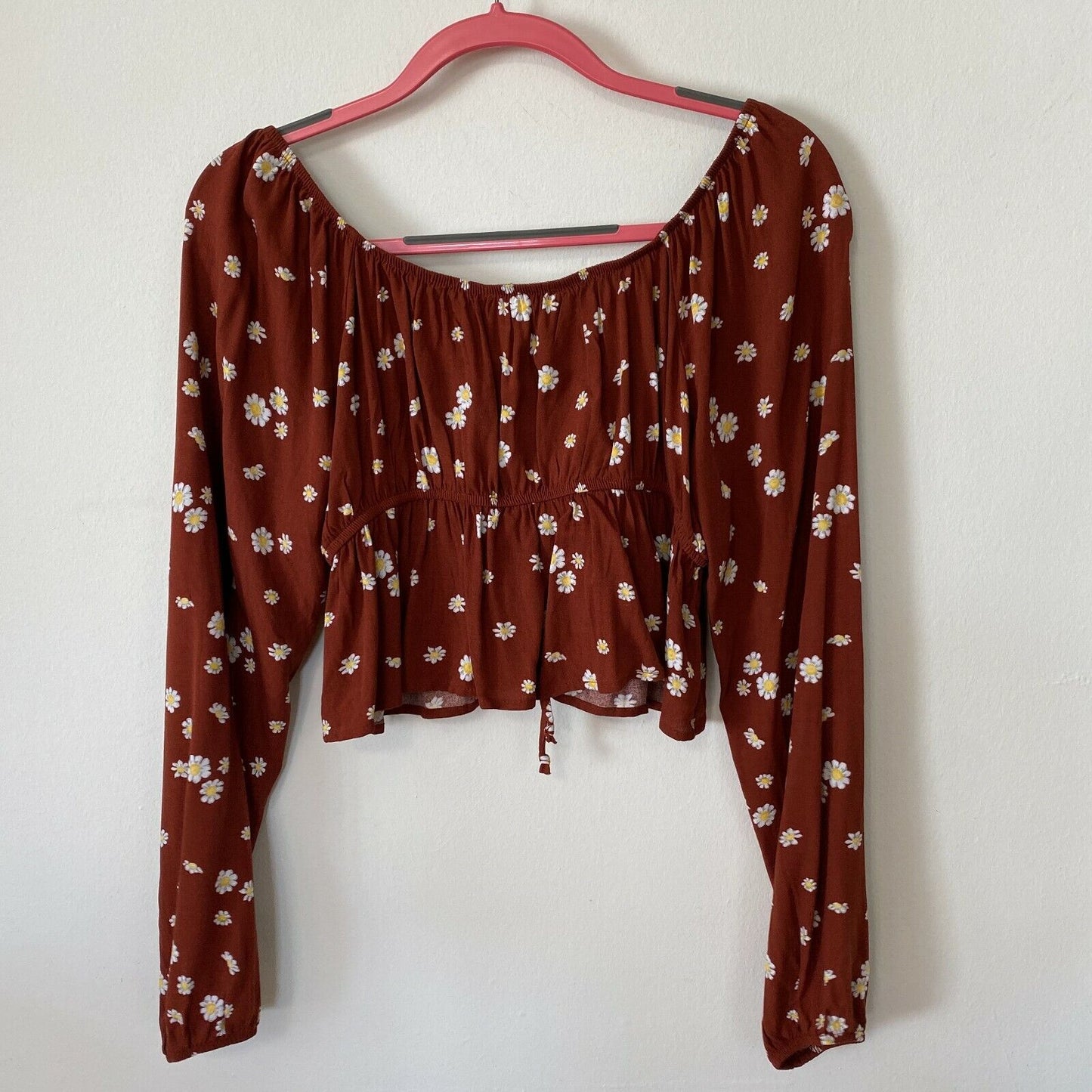 PACSUN Rust Brown with Floral White Yellow Off Shoulder Crop Peasant Top Medium