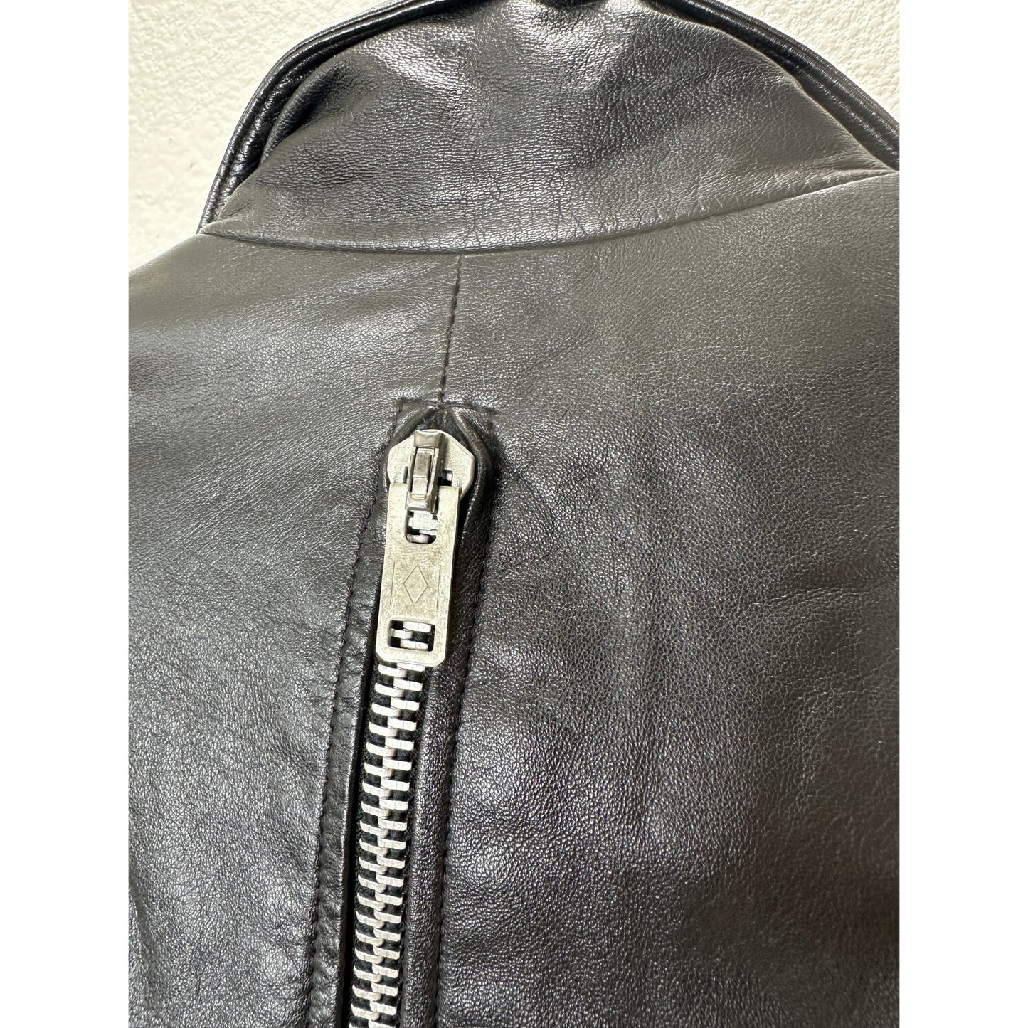 Raw Black Leather Silver Zip & Hardware Belted Shoulder Pad Moto Jacket L