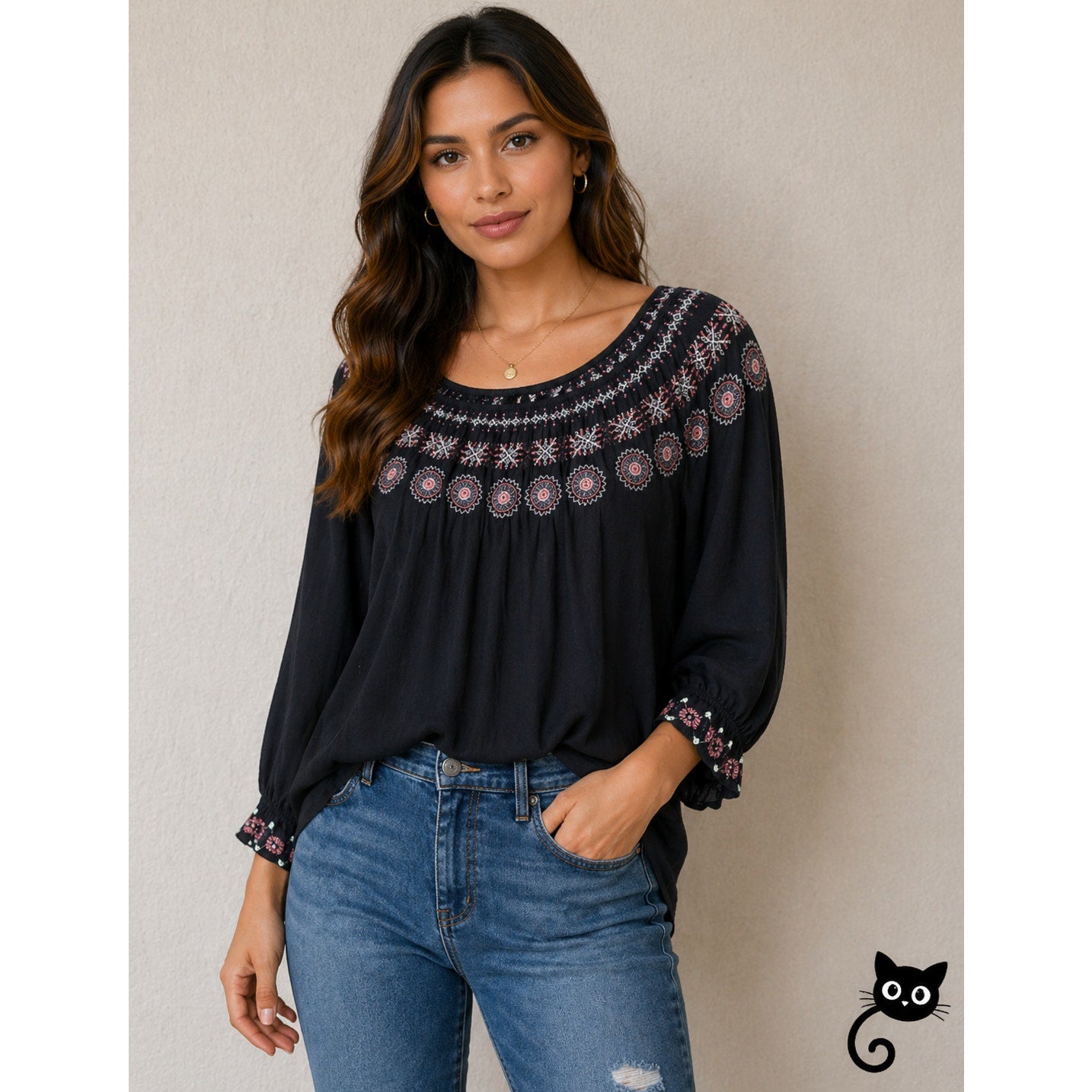 Velvet By Graham & Spencer Eva Black Peasant Top Pastel Embroidered Neck XS