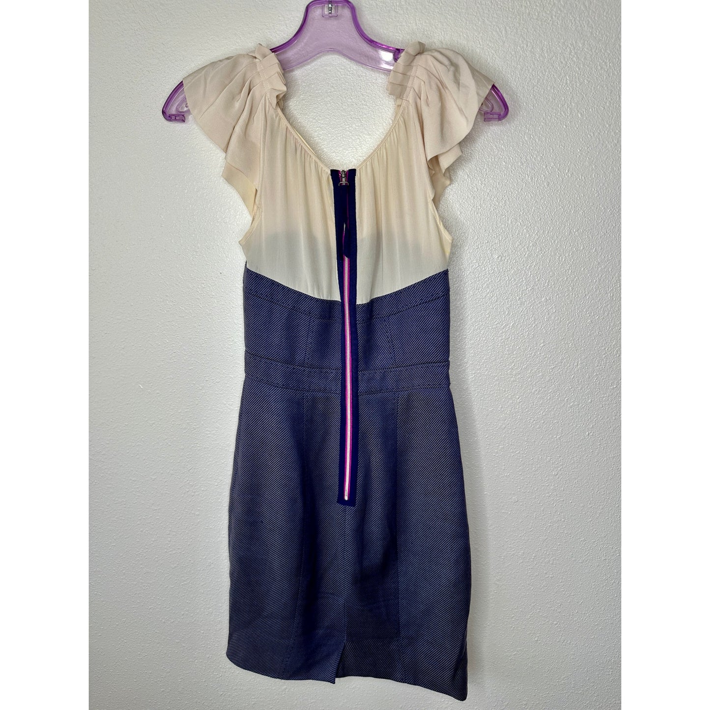 Rebecca Taylor Cream Ruffled Pleat Shoulder Blue Jean Stripe Linen Sheath Dress 0