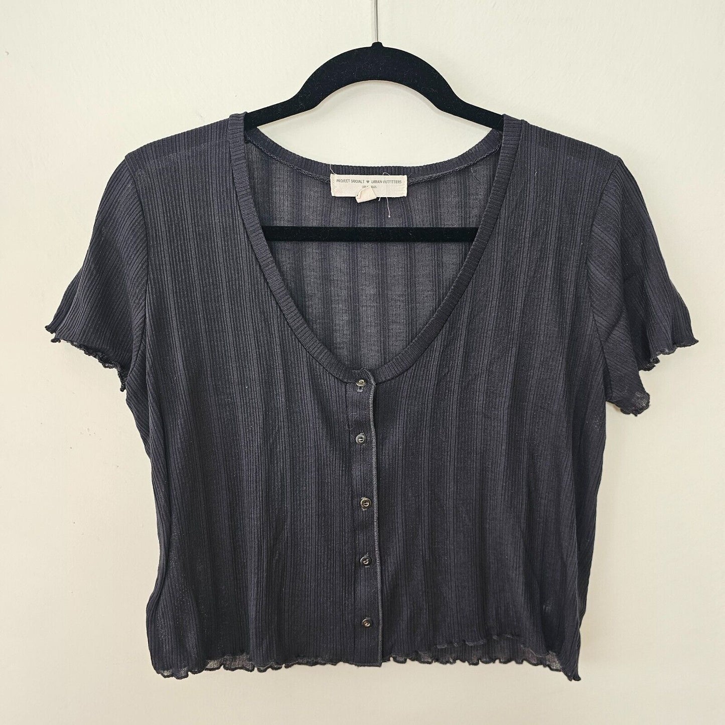 Project Social T Lettuce Edge Rib Knit Button Short Sleeve Scoop Neck Blouse XL