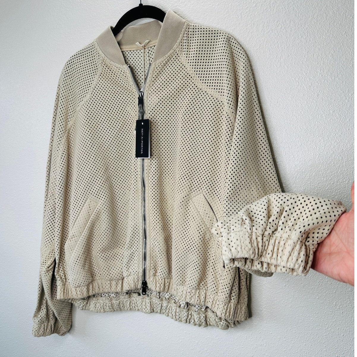 NWT Brunello Cucinelli Tan Cream Laser Cut 100% Leather Bomber Jacket 48 / XL