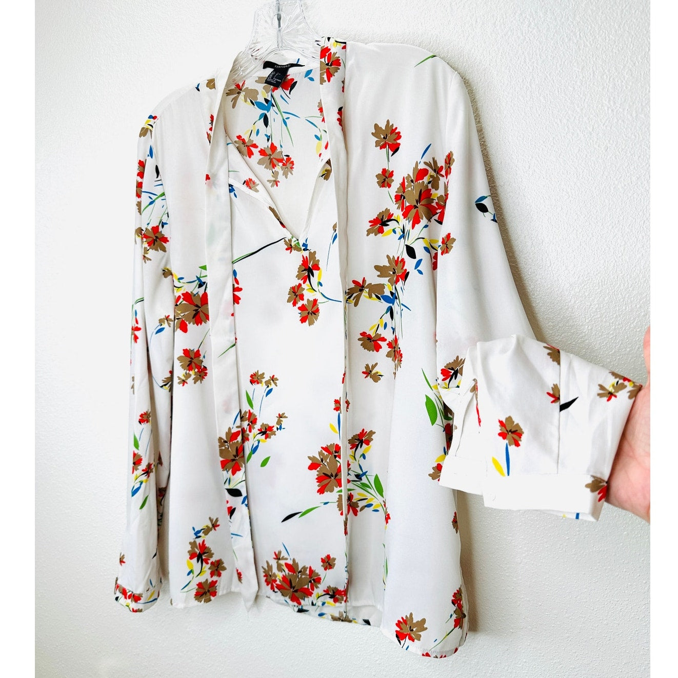 Off White Red Brown Blue Floral Long Sleeve Tie Neck Blouse Top L