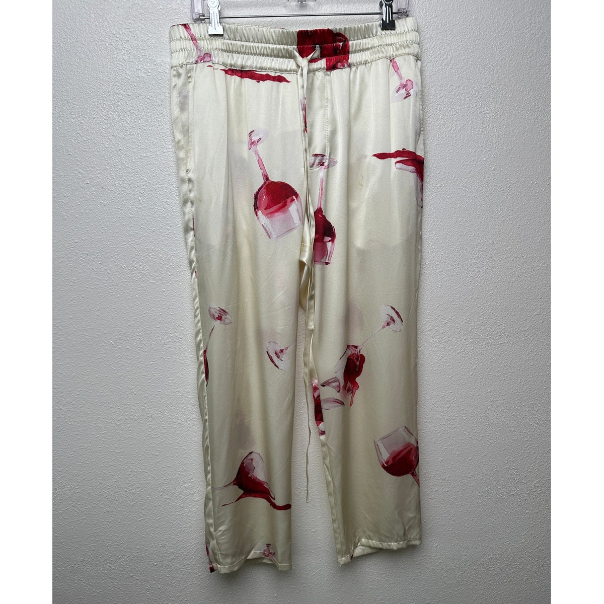Nahmias Silk Pajama Set Wine Glass Print Ivory Cream L