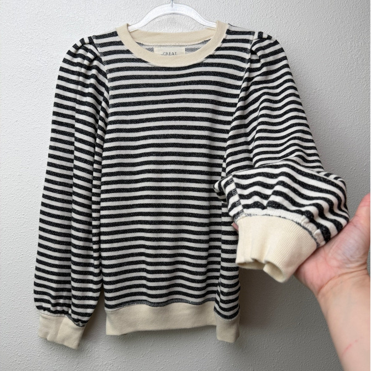 The Great. Black & Cream Striped Pleated Shoulder Sweatshirt Sweater
