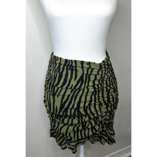 ZARA Green Zebra Print Ruched Mini Skirt XS Ruffle Hem Back Zip