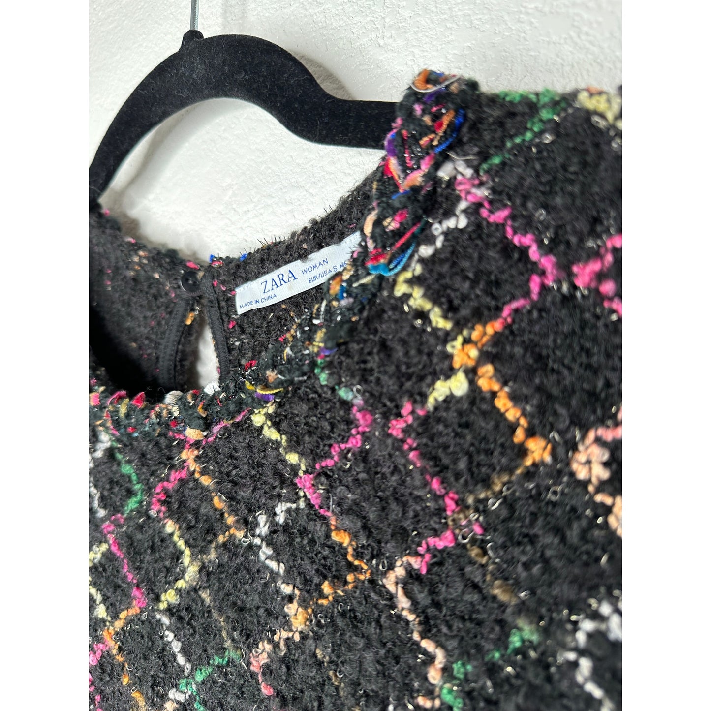 Zara Black Multicolor Boucle Knit Sweater with Pearl Detail on Sleeves Top S