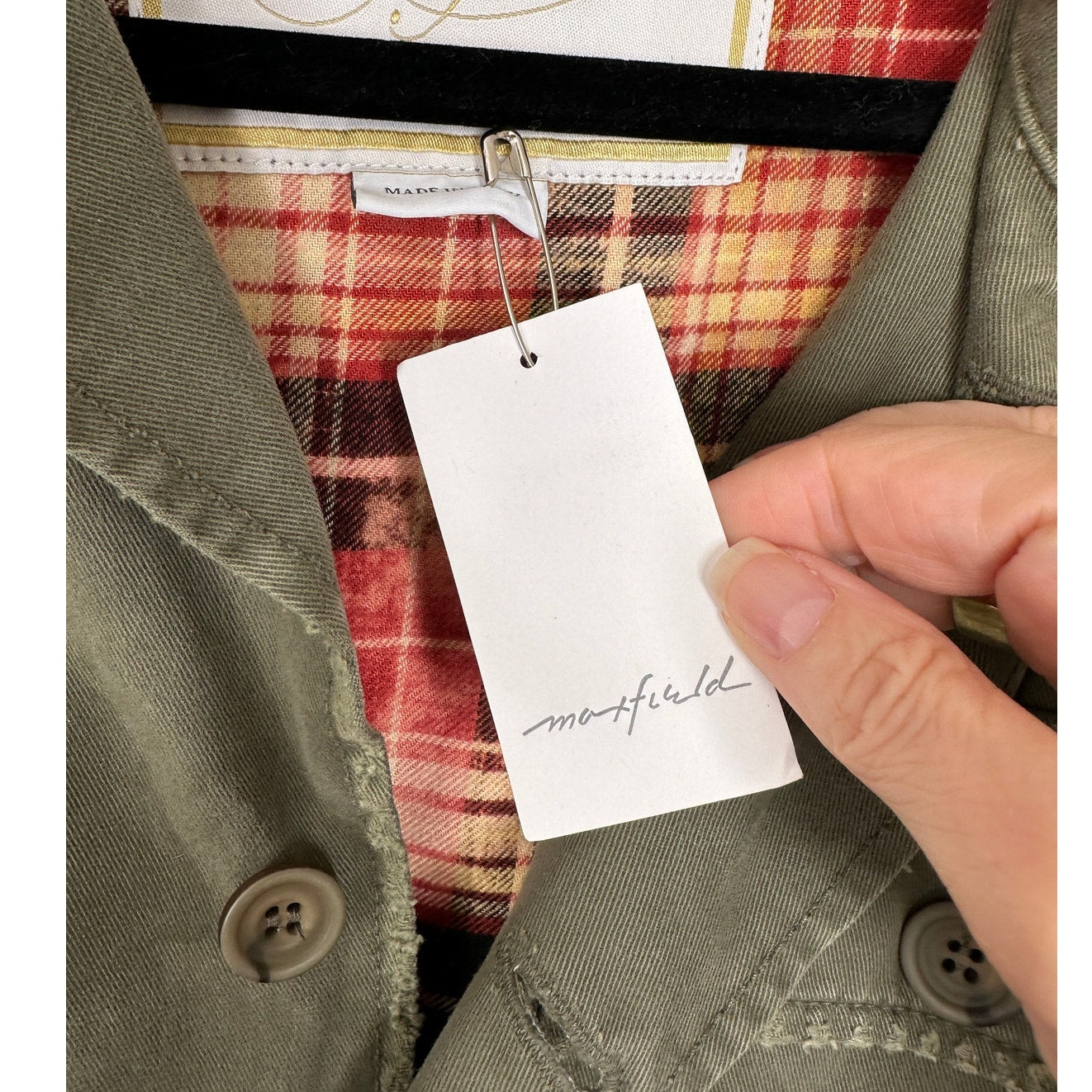 NWT Redemption Handmade Distressed Olive Military Shirt with Plaid Hem 44 / M
