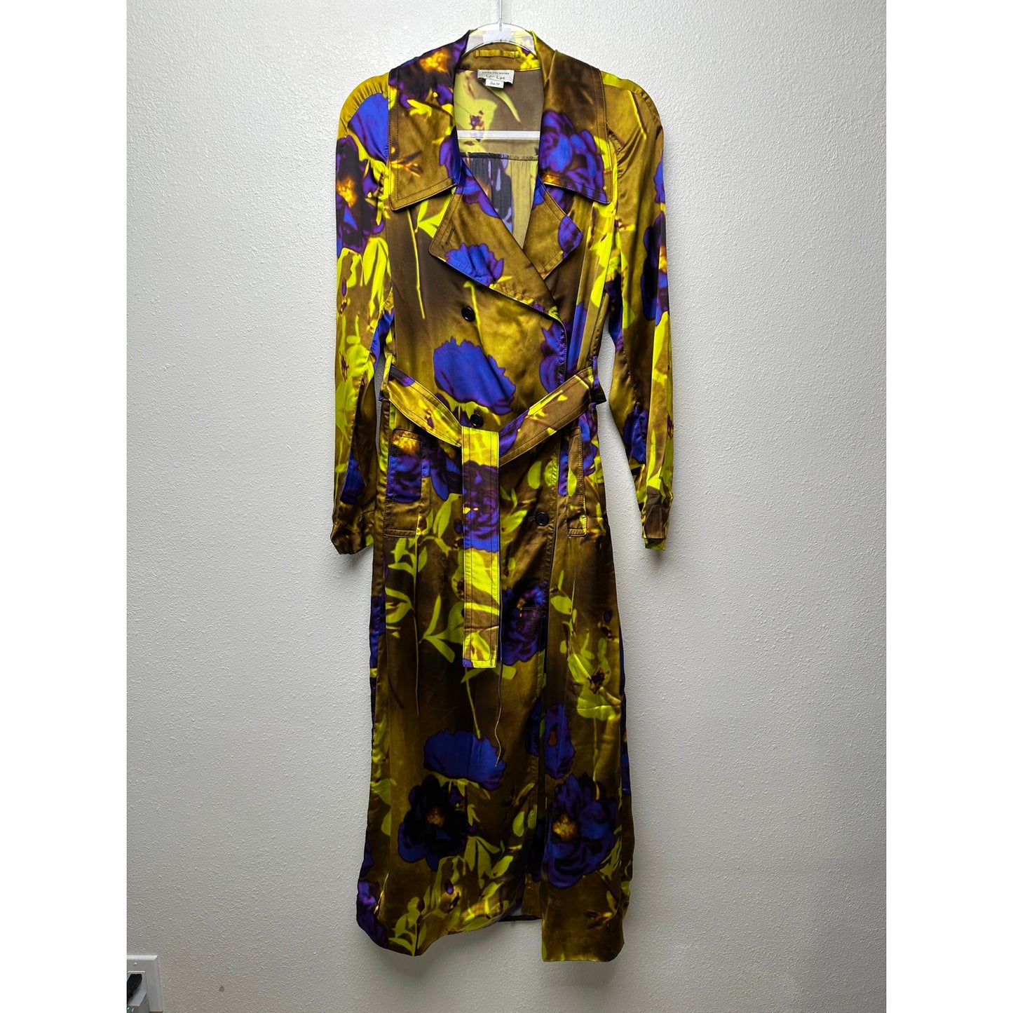 Dries Van Noten floral satin trench coat yellow women US 8 double-breasted