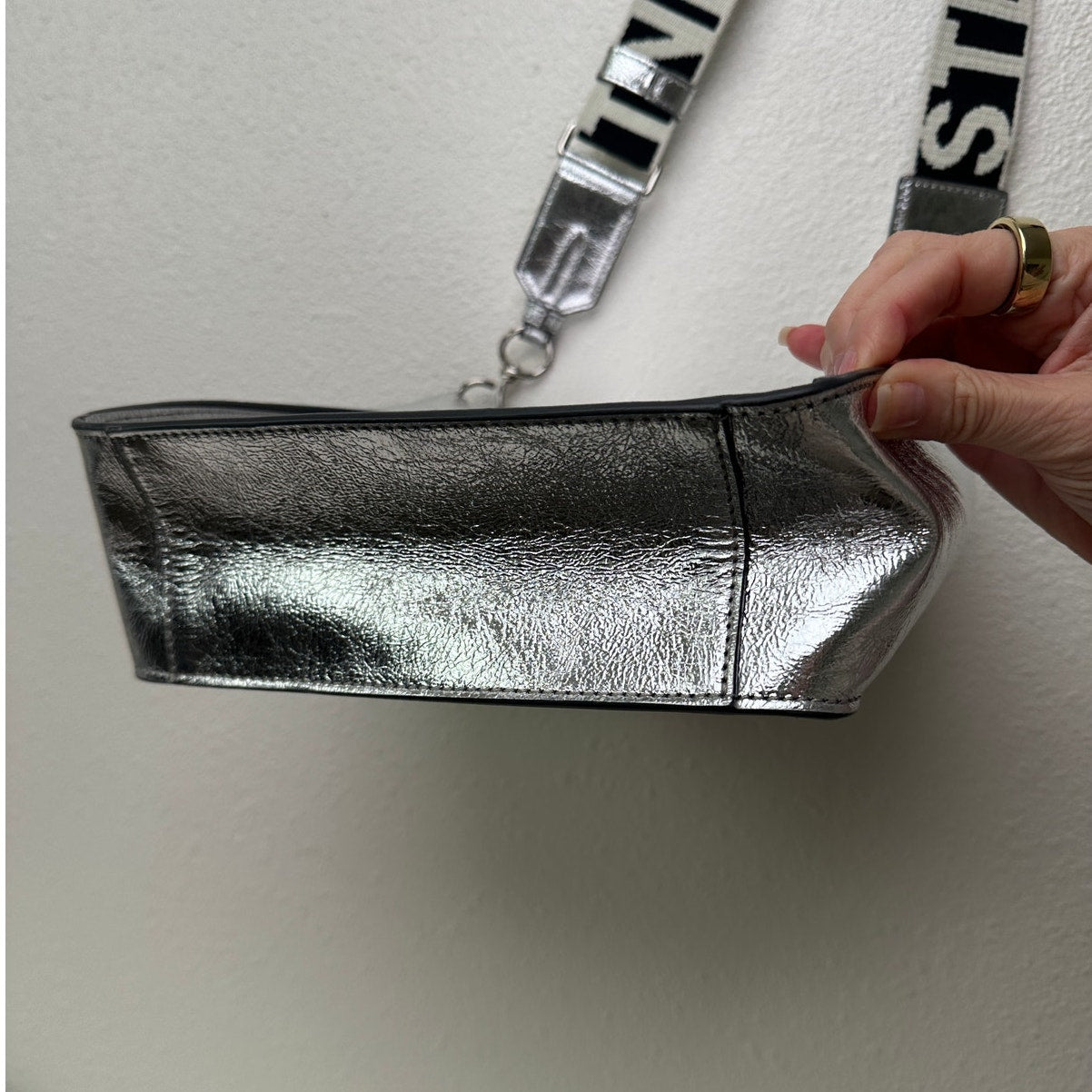 NWT Stella McCartney Stonewall Mini Crossbody Bag – Metallic Silver Faux Leather