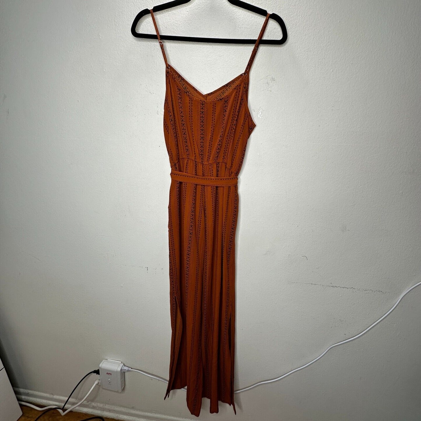 E & M Rust & Black Aztec Print V-Neck Spaghetti Strap Pockets Tie Waist Jumpsuit