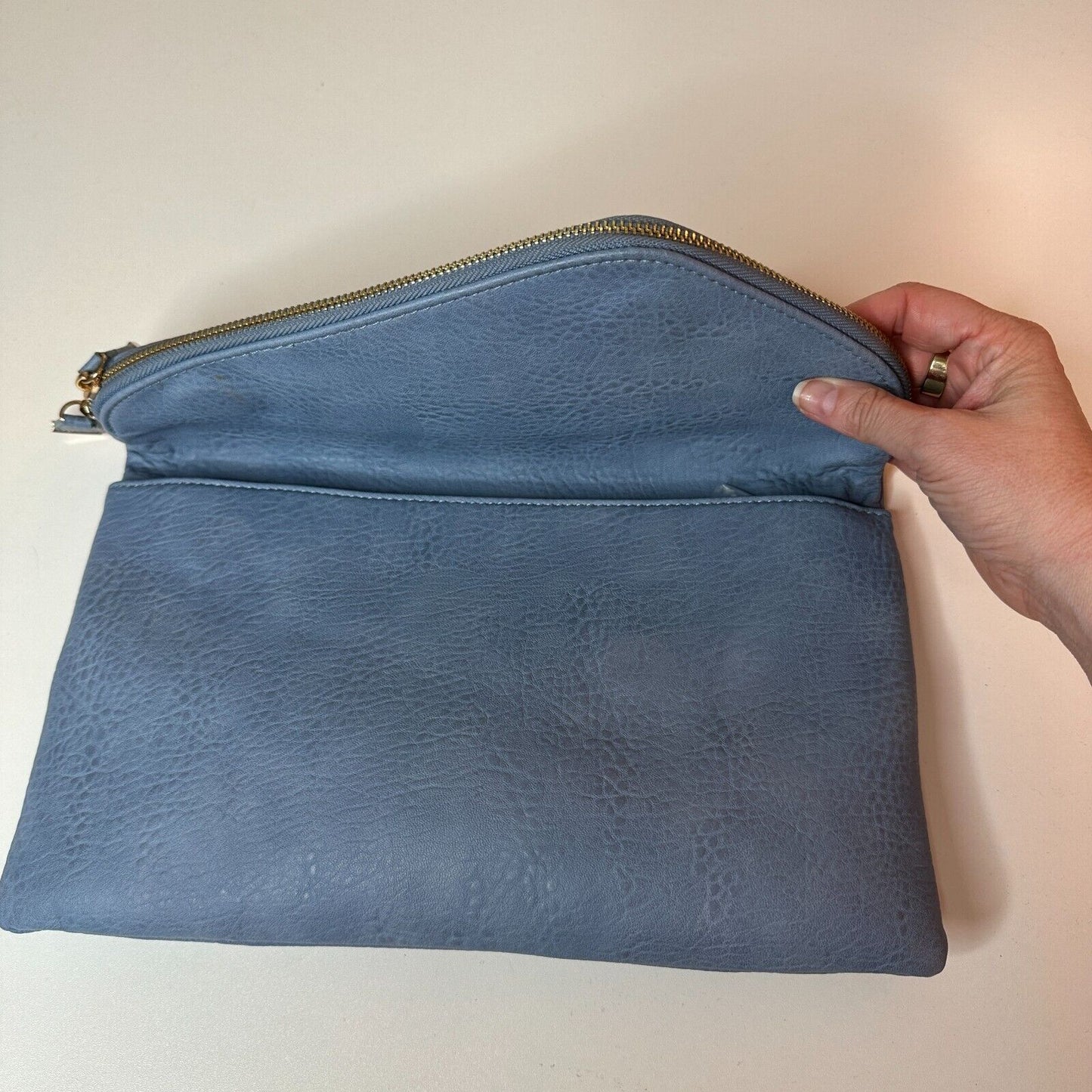 Urban Expressions Stella Dusty Blue Pebble Vegan Striped Interior Leather Clutch