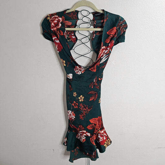 Pretty Little Thing Emerald Green Floral Criss Cross Back Frill Hem Dress 4