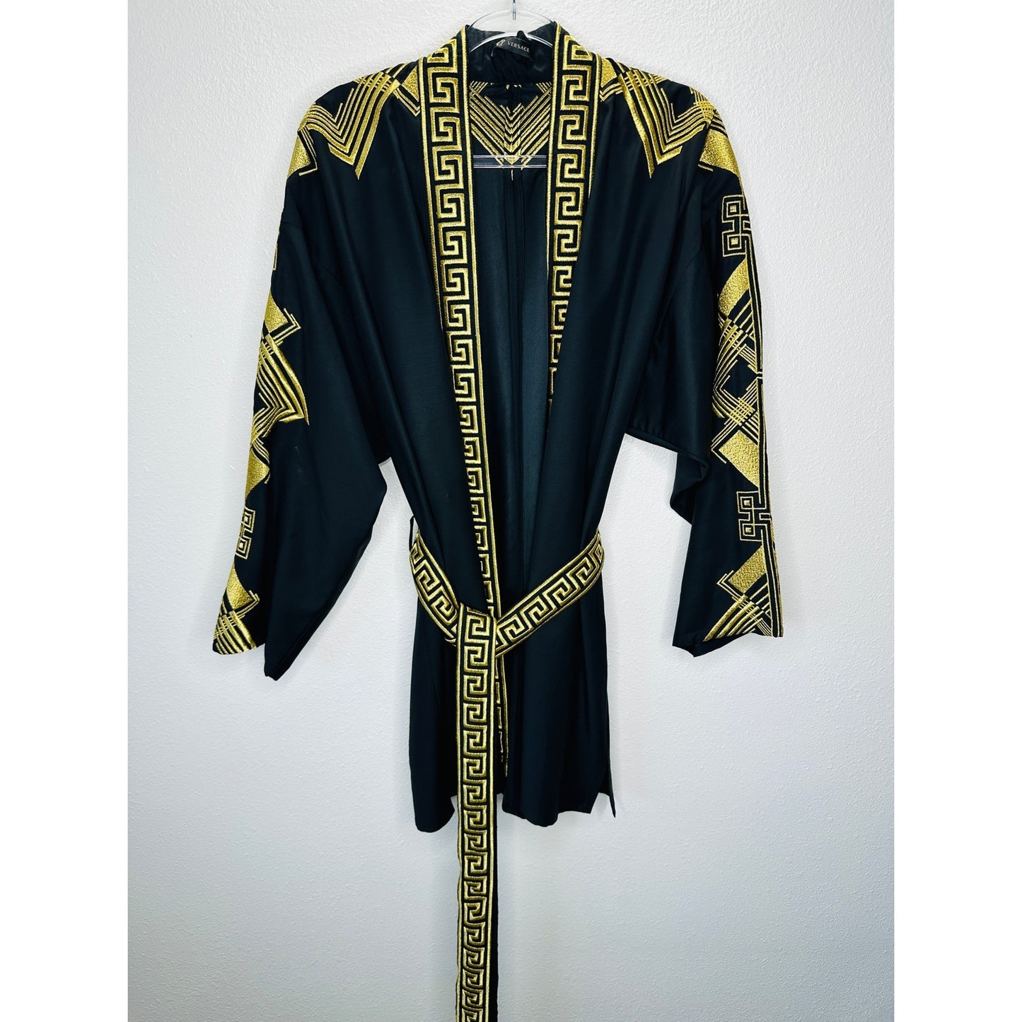 Versace Belted Gold Embroidered Black Wool Blend Kimono Jacket M