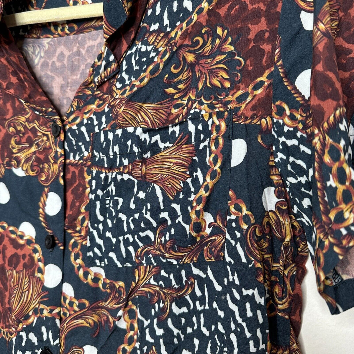 Inamorata Burgundy Leopard-Link Short Sleeve Button Down El Camino Shirt XS / S