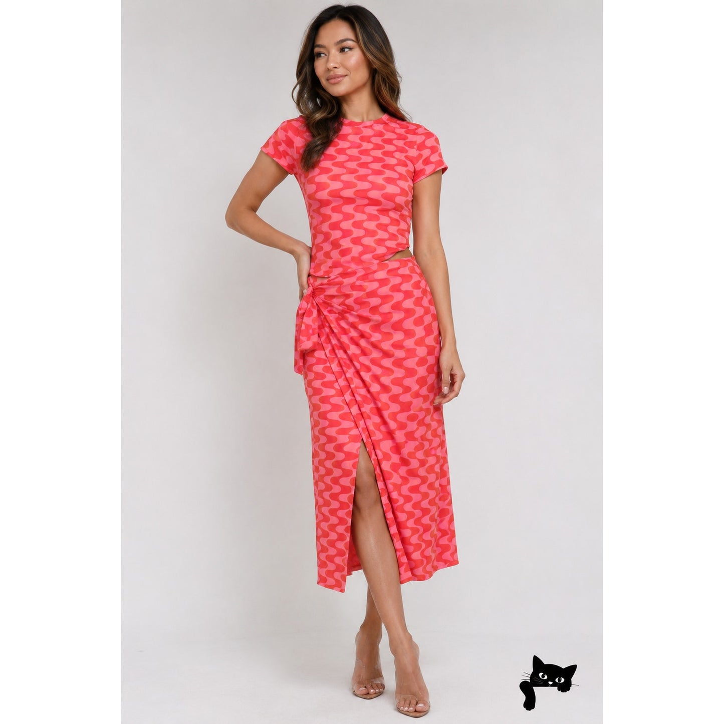 NWT Fensi Ssense Red Pink Wave Wrap Skirt & Short Sleeve Top M