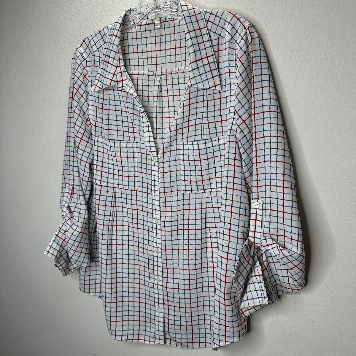 Joie White Red Blue Black & Green Plaid Front Button Pockets Long Sleeve Shirt L