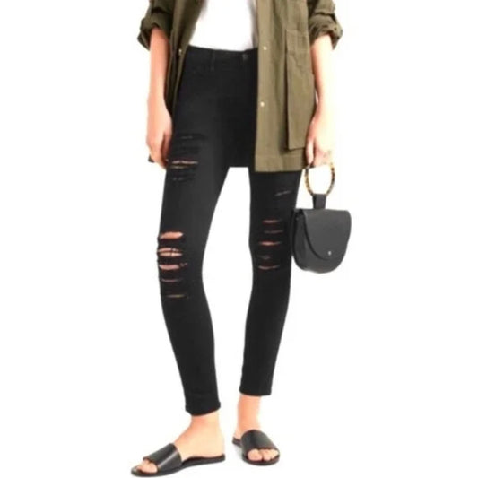 Frame Jet Black Denim Le Skinny de Jeanne Distressed Jean Mid-Rise Raw Hem 27