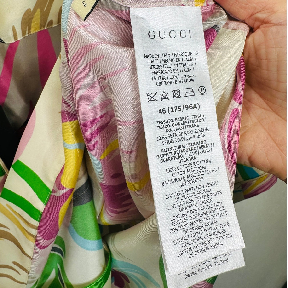NWT Gucci Silk Tan Pink Blue Multi Floral Leaf Printed Blouse 46 / XL