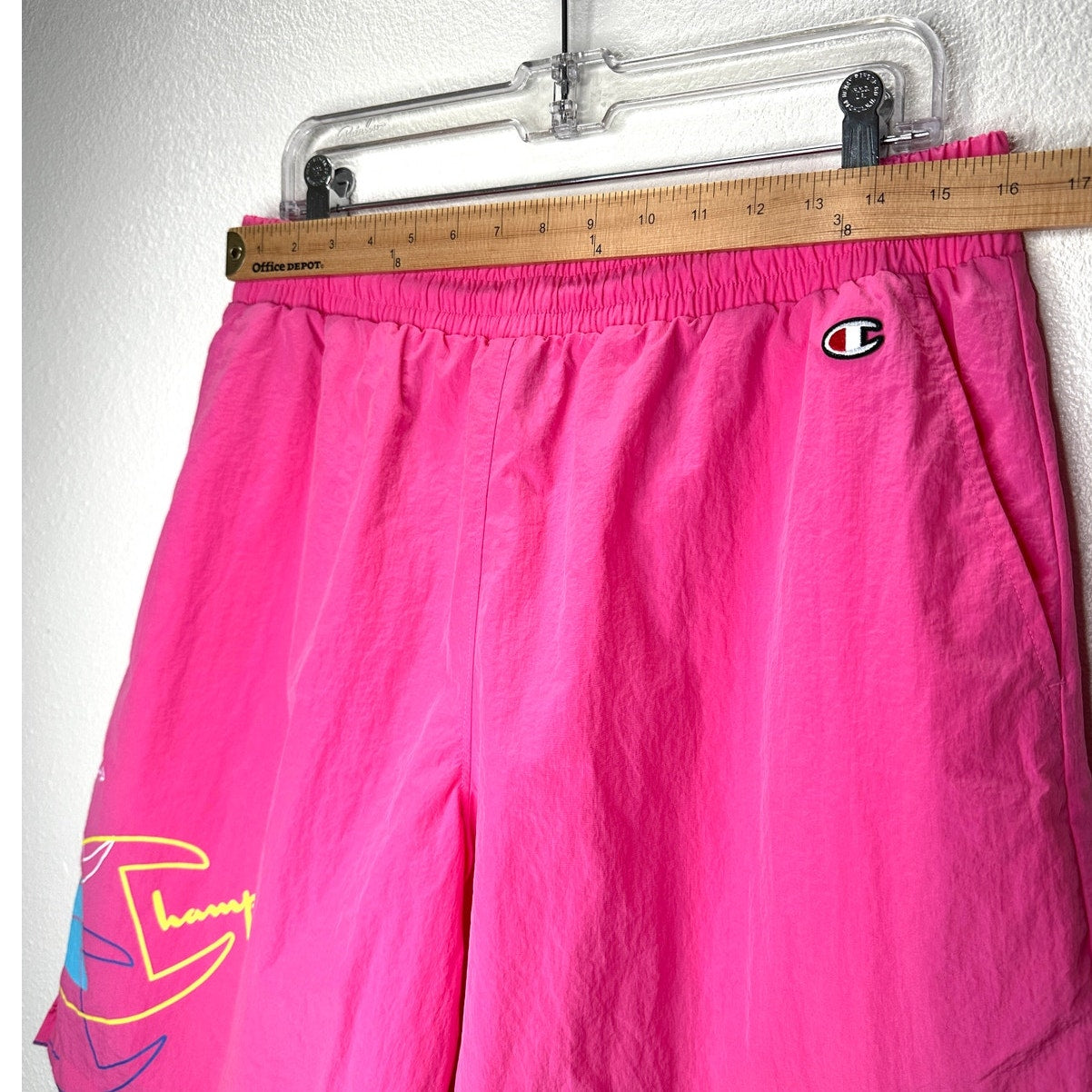 Champion Pink Lightweight Crinkle Nylon Lined Shorts Color Pop Logo L