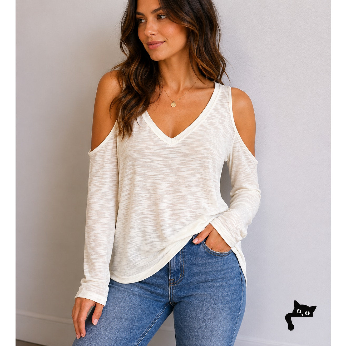 Chaser Cream V-Neck Cold Shoulder Long Sleeve Burnout Top L