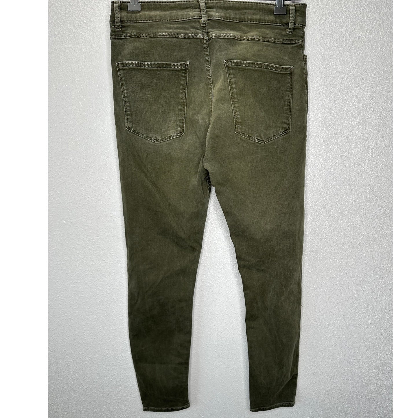Zara Women Olive Green Button Fly Distressed Knee Skinny Jean High Waist 10