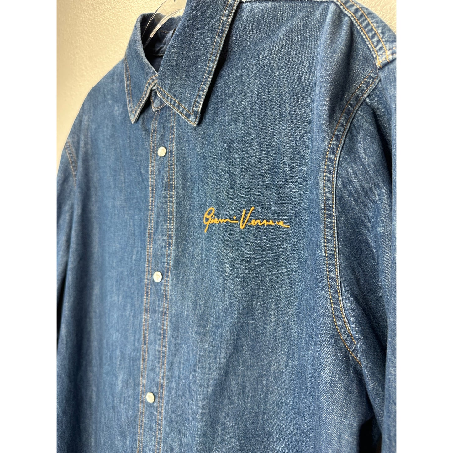 Versace Blue Denim Long Sleeve Pearl Snap Yellow Versace Logo Shirt 41 / Medium