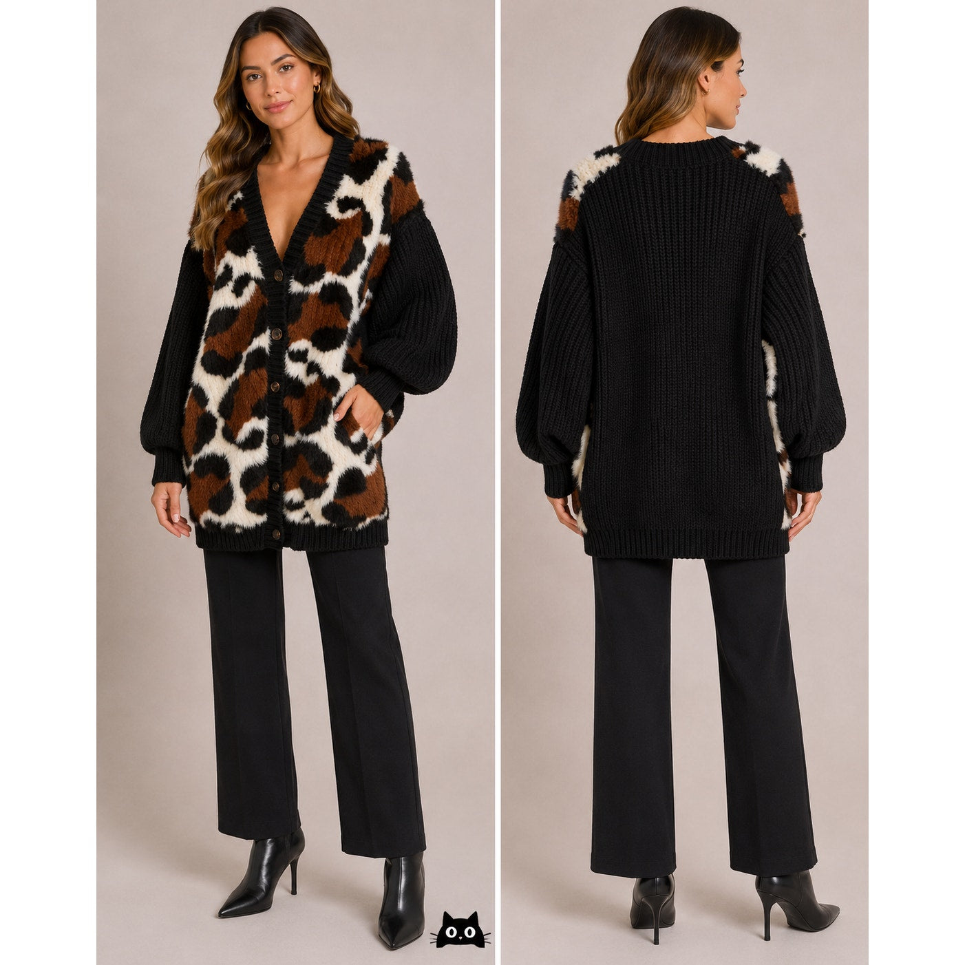 Fendi Black Chunky Balloon-Sleeve Cashmere and Mink Fur Animal Print Sweater 6