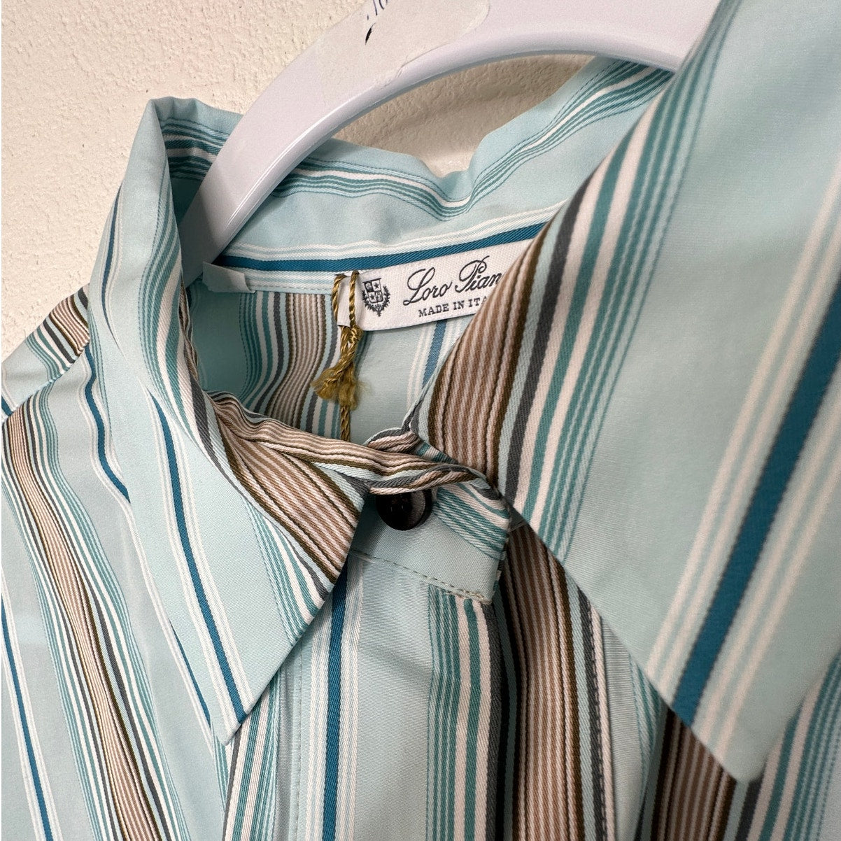NWT Loro Piana Teal White Brown Stripe Front Button Tie Sash Wrap Dress XL