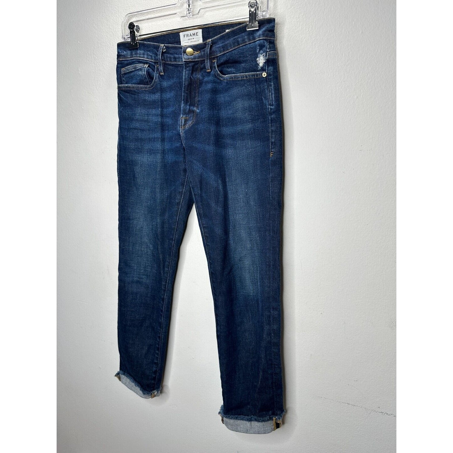 Frame Denim Le Boy Pondview Cropped Frayed Hem Straight Leg Jean Dark Wash 27