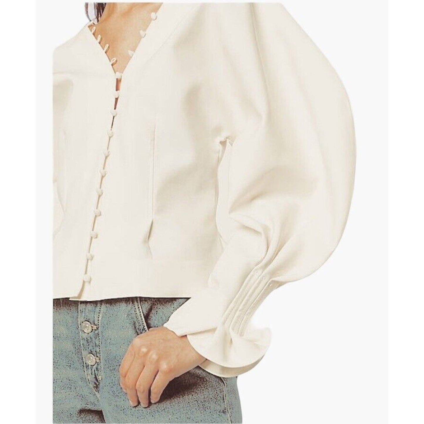Cream V-Neck Loop & Button Front Balloon Pleated Cuff Sleeve Crop Blouse Med