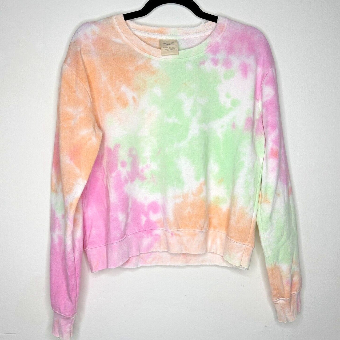 Southern Spirit Pale Sherbet Pink Green Tie Dye Long Sleeve Crew Sweatshirt S