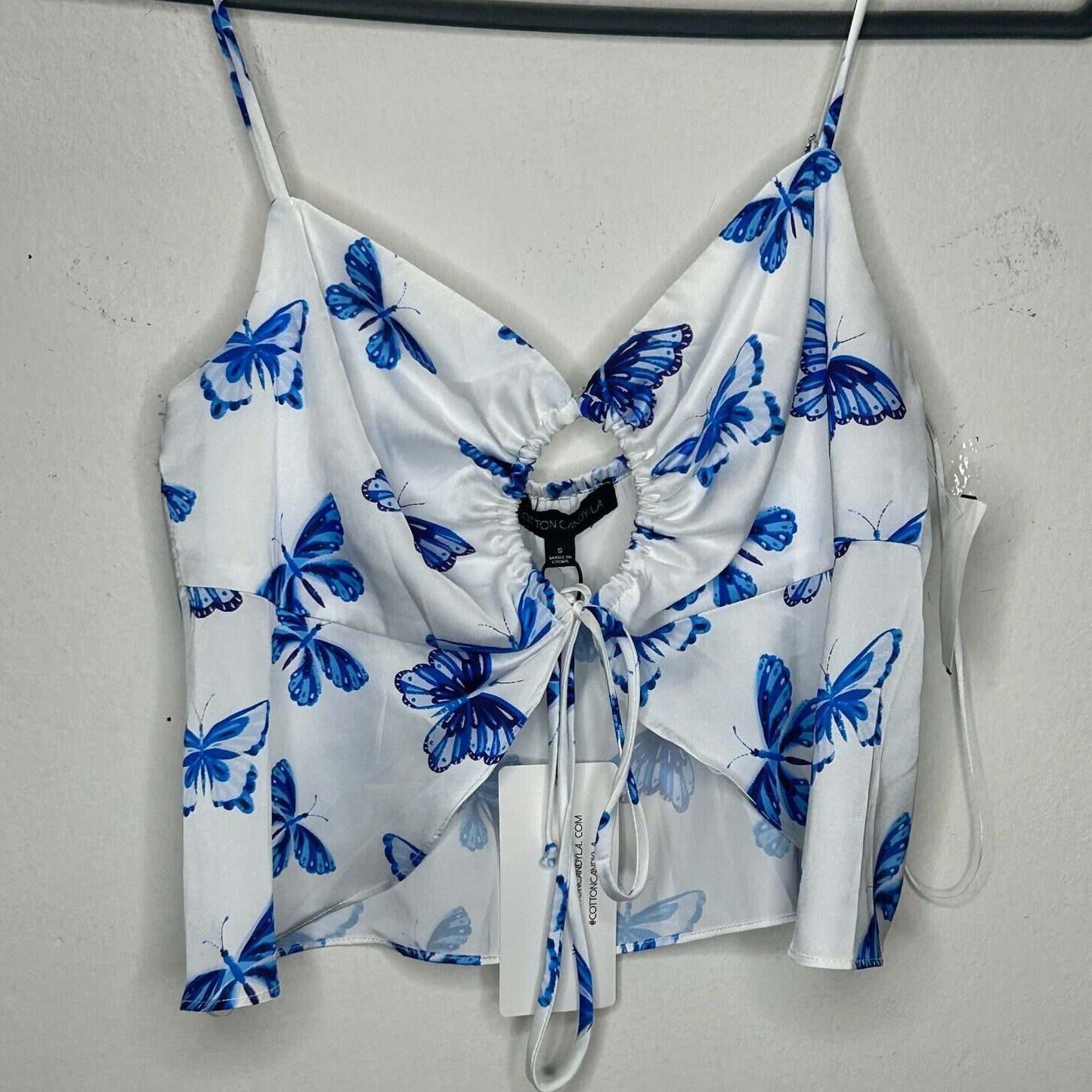 NWT Satin White & Blue Butterfly Print 2-Piece Set Crop Top & Mini Skirt