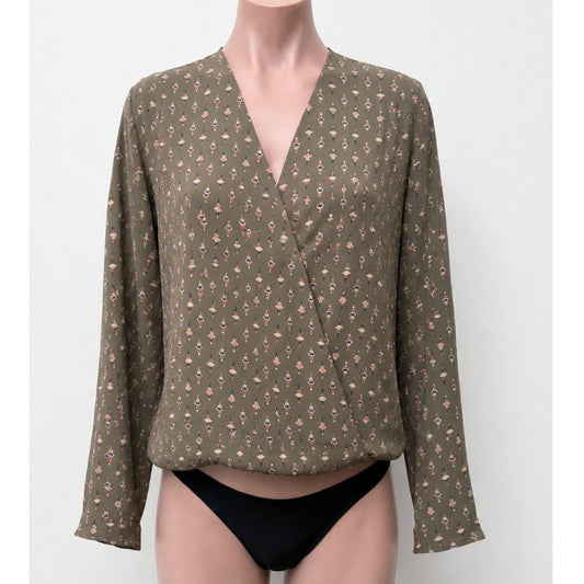 Allison Joy Faux-Wrap Brown Pink Blue Floral Print Design Long Sleeve Blouse XS