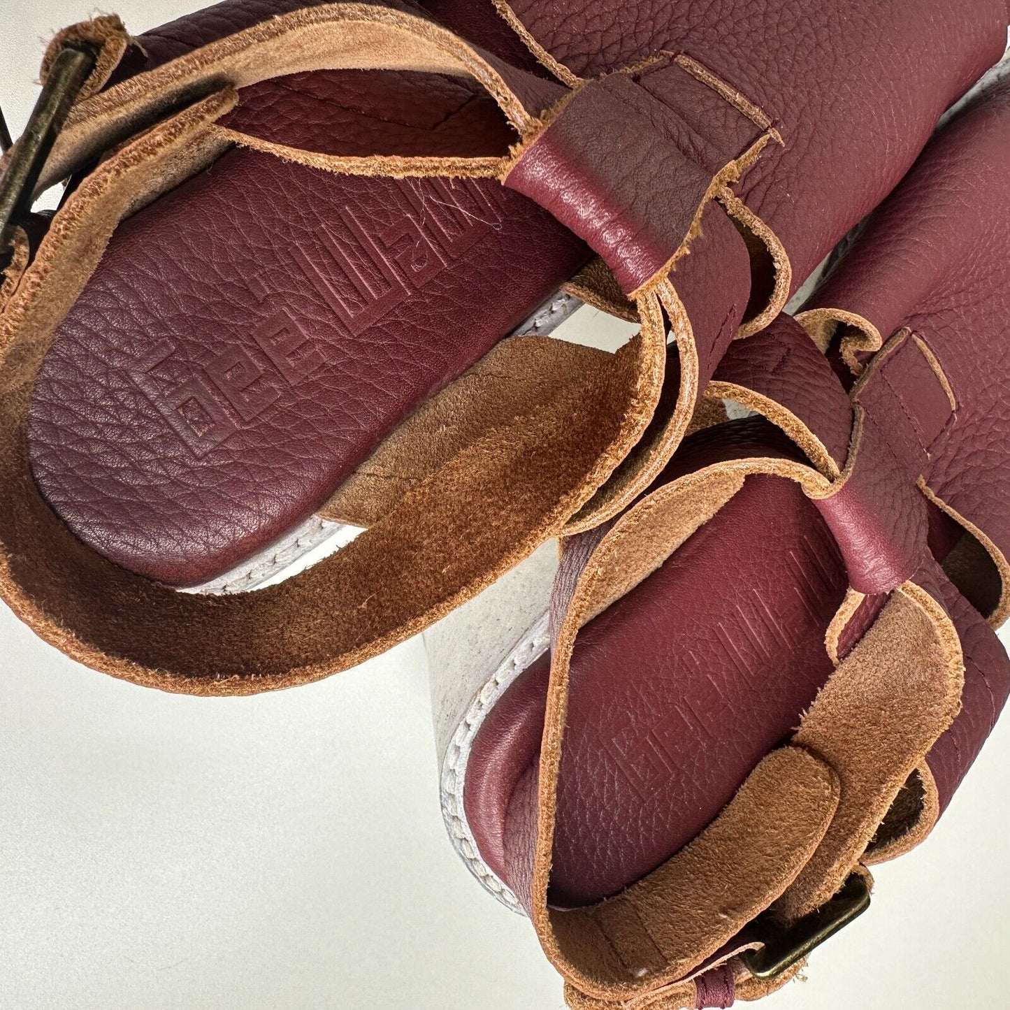 Anthro Gee Wawa Eggplant Leather White Platform Open Toe Ankle Strap Sandals 8