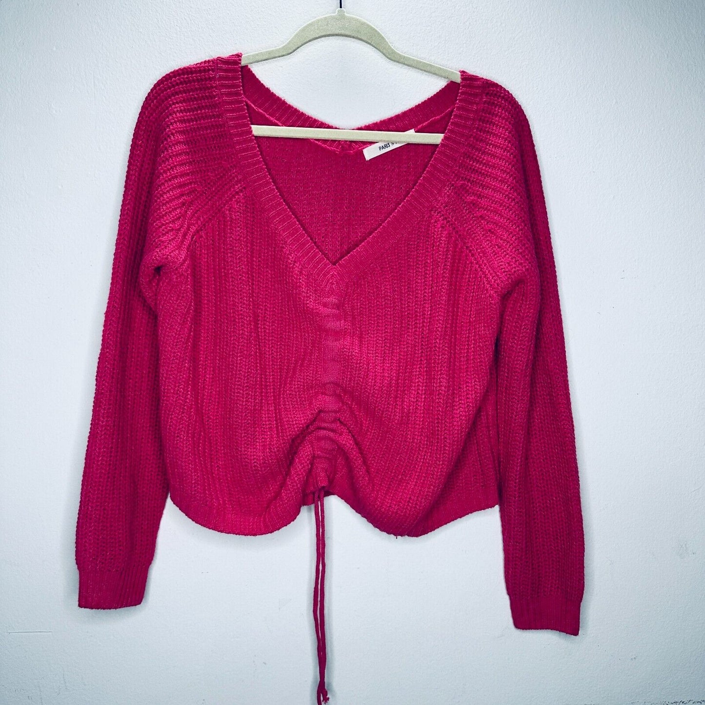 Paris & Me Pink Oversized Wide VNeck Long Sleeve Front Adjustable Ruched Sweater