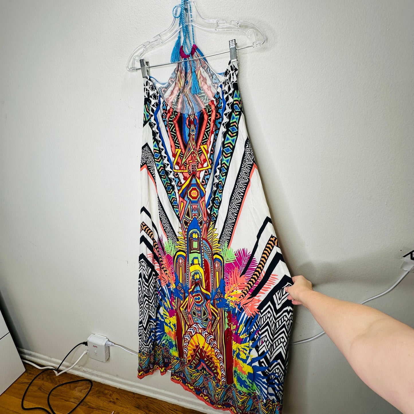 Sugarcloth White Blue Peach Multicolor Tribal Halter Maxi Dress