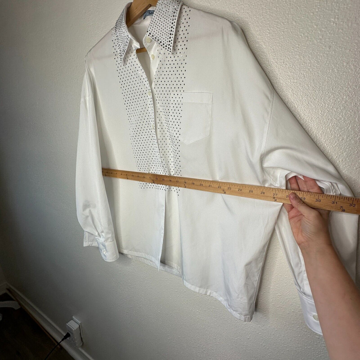 Prada White Long Sleeve Front Button Rhinestone Encrusted Collar & Front Shirt