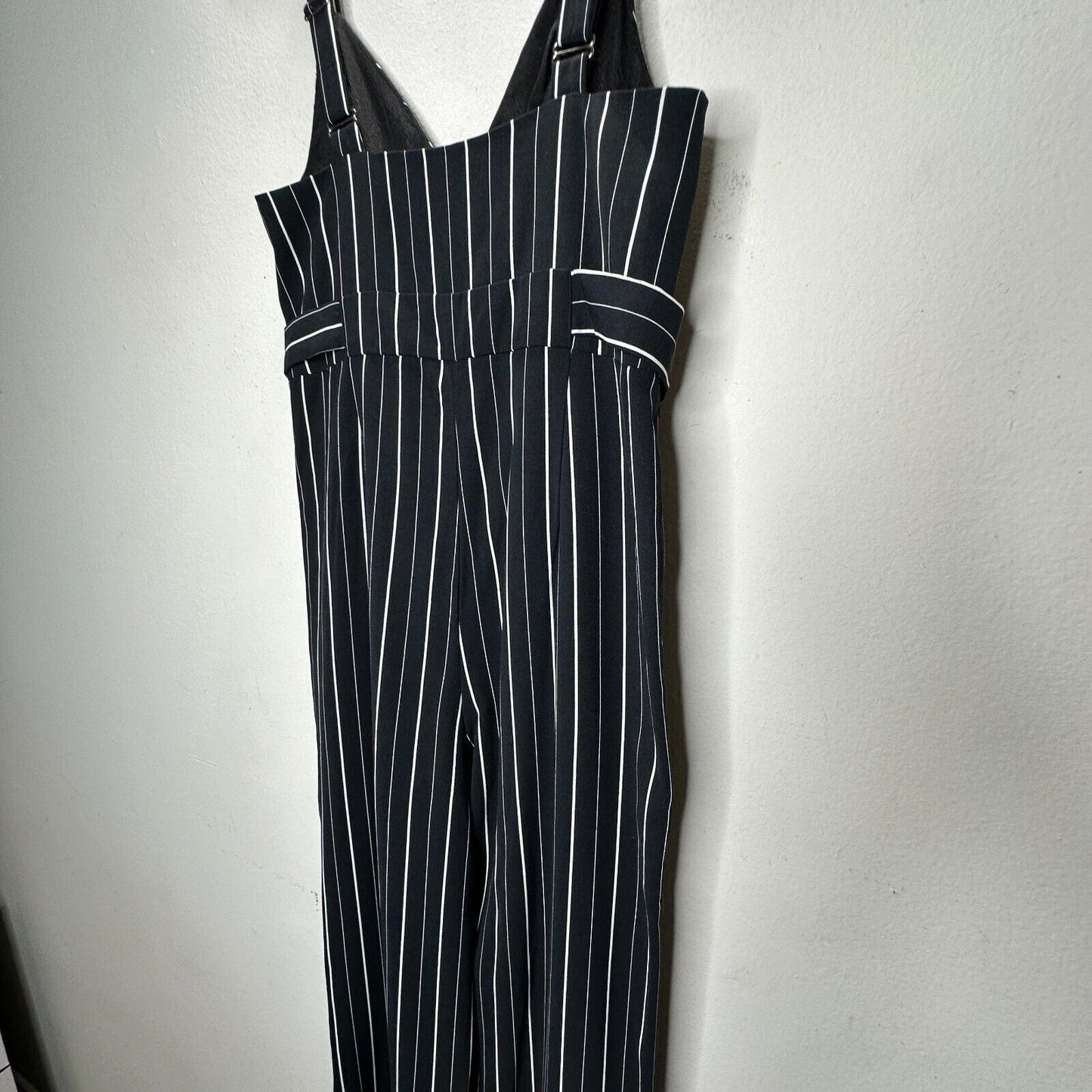 Dance & Marvel Black & White Pinstripe Cinched Sides Wide Leg Front Zip Jumpsuit