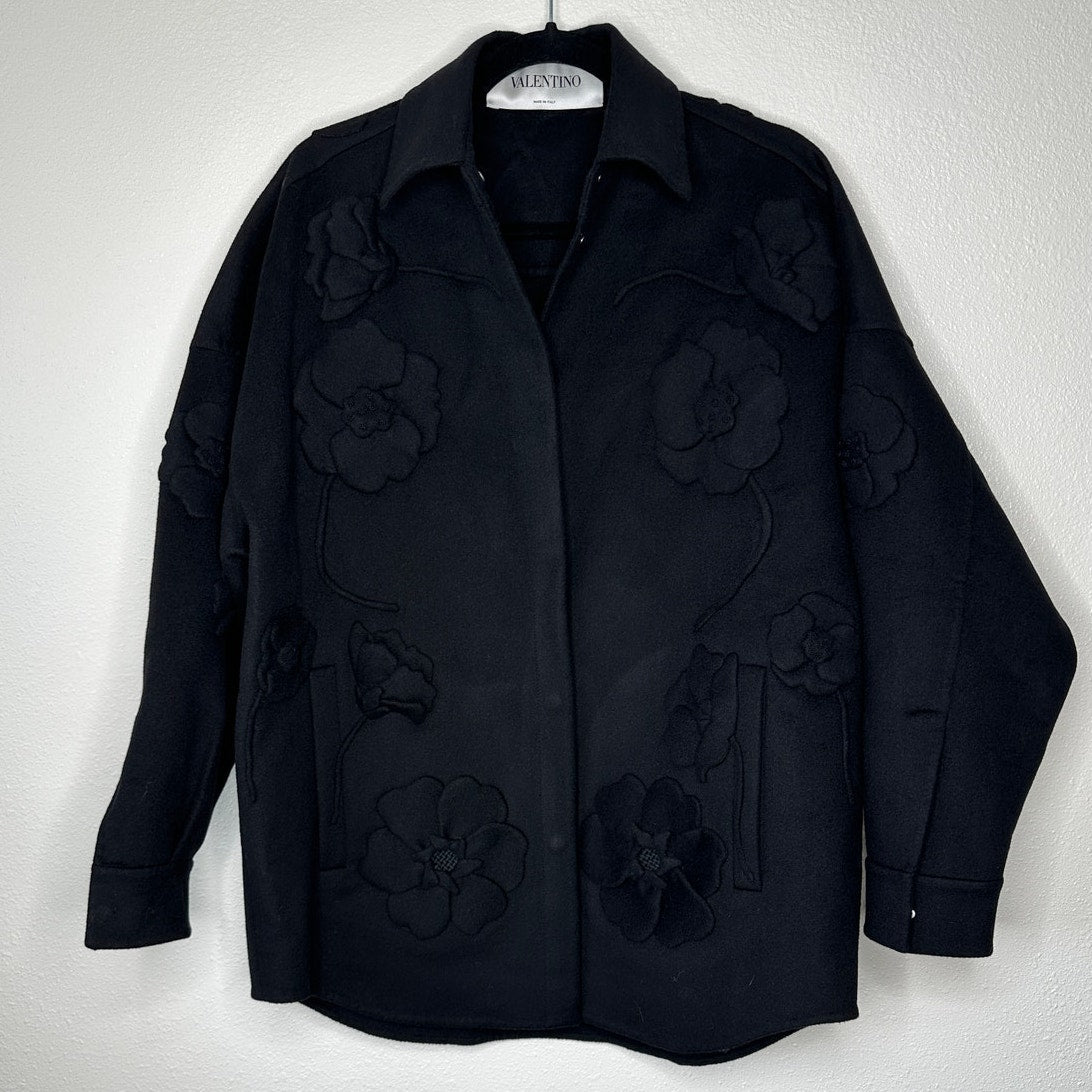 Valentino Garavani Black Wool-Cashmere Appliqué Jacket Snap Close M