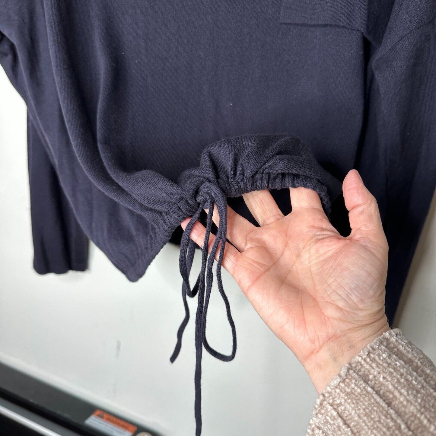 French Connection Drawstring Hem Silk Blend Long Sleeve VNeck Navy Sweater L