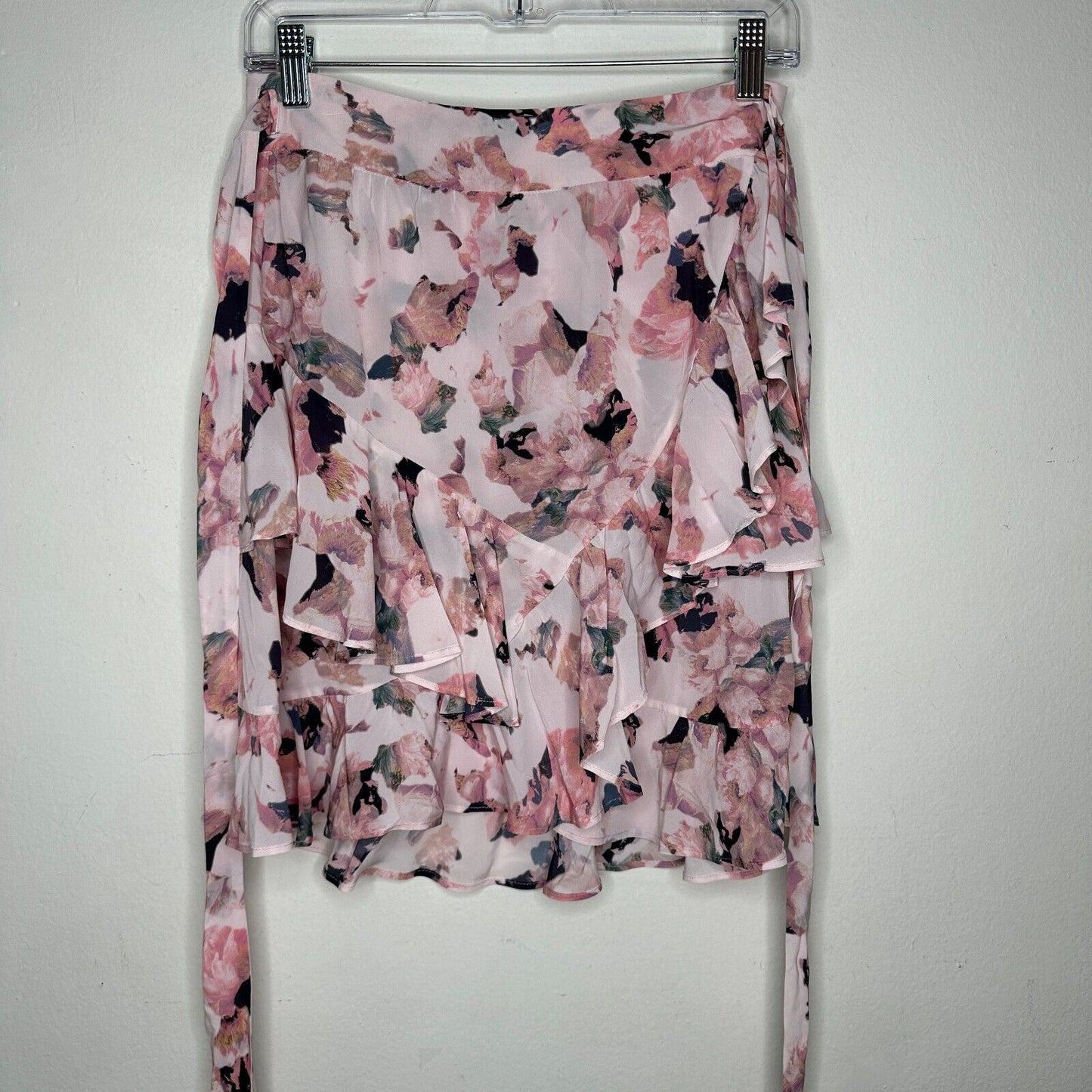 Iro Floral Light Pink Abstract Daring Wrap Flowy Layered Ruffled Mini Skirt 40