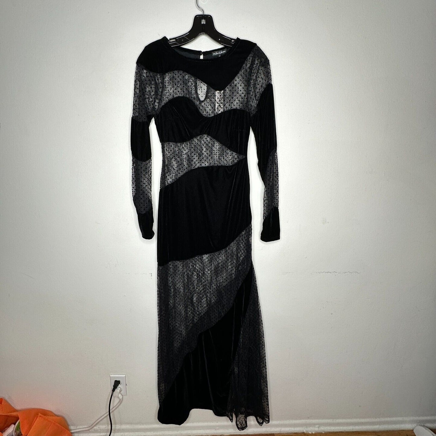 For Love & Lemons Carolyn Sheer Black Velvet Wavy-Flock Dot Lace Panel Dress XS