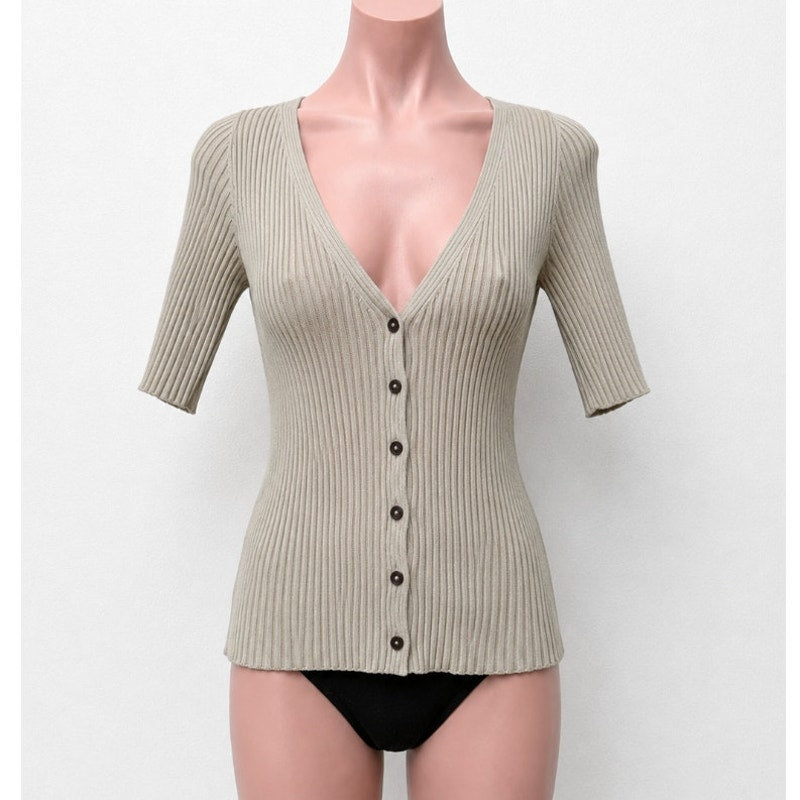 Closed Stone Gray Ribbed Knit V-Neck Front Button Short Sleeve Cardigan Top XXS