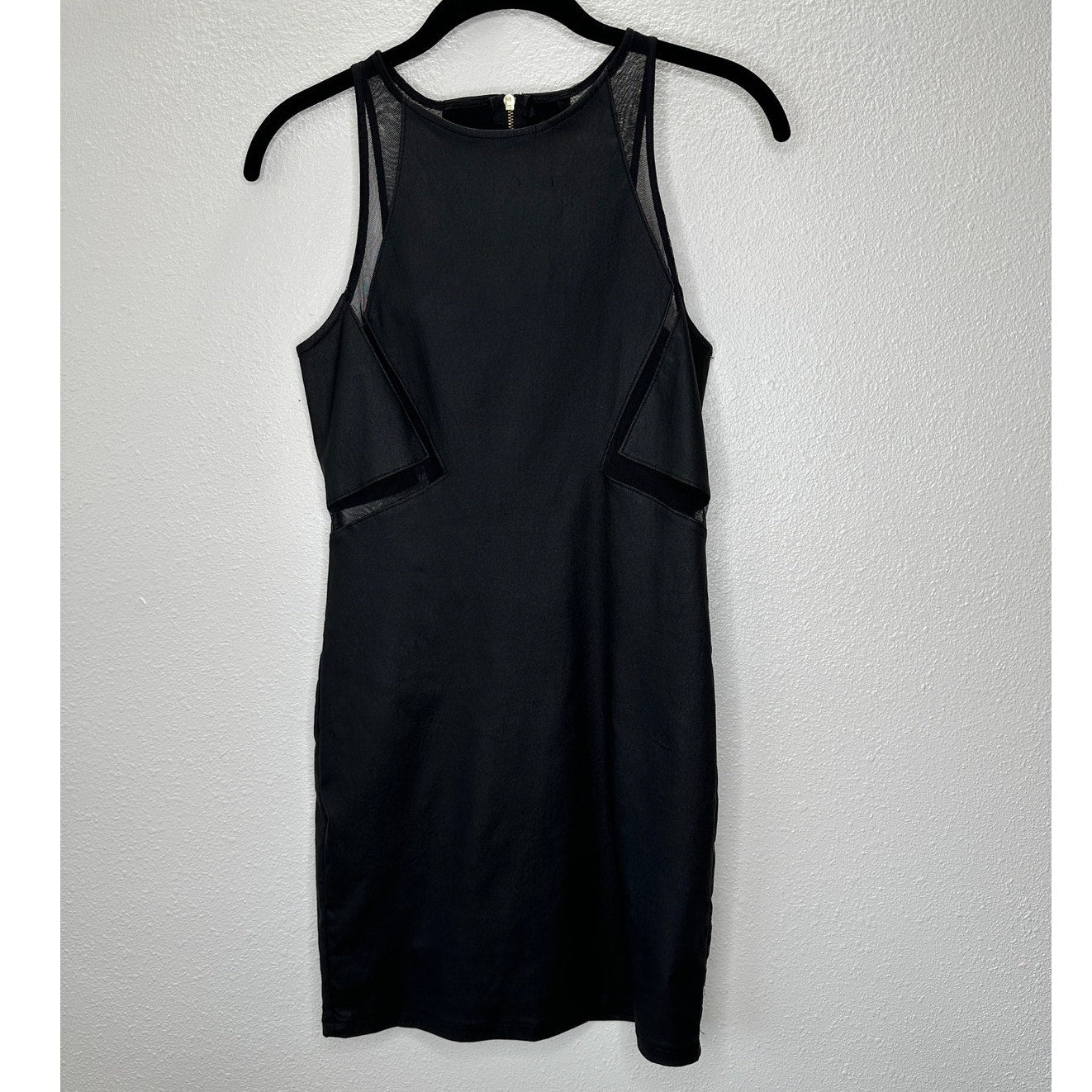 ANGL Black Stretch Faux Leather Mesh Cutouts High Neck Sleeveless Dress M